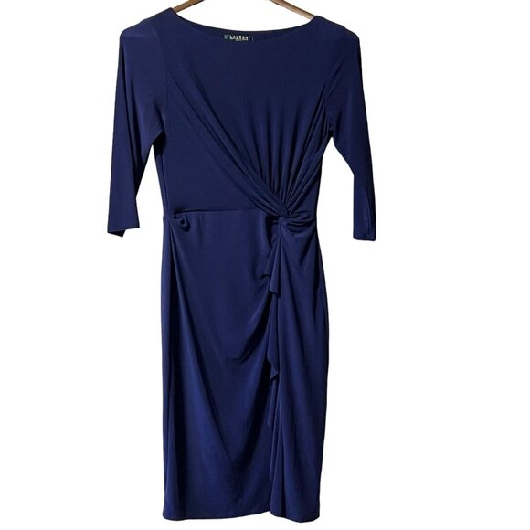 Lauren Ralph Lauren Long Sleeve Faux Wrap Round Neck Ruched Dress Size 6 Formal‎ - Picture 1 of 13